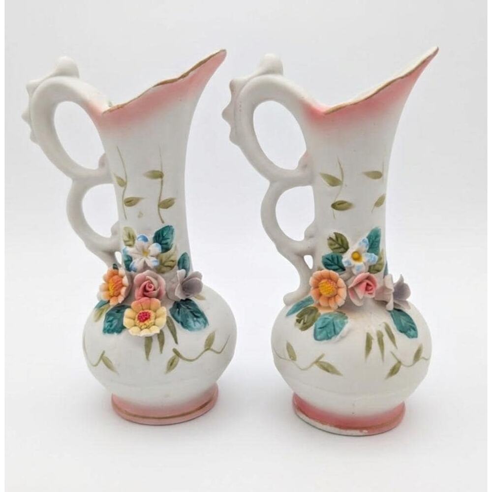 Vintage Interpur Taiwan ROC Ceramic Bud Vases, Pair with 3D Applied Flowers